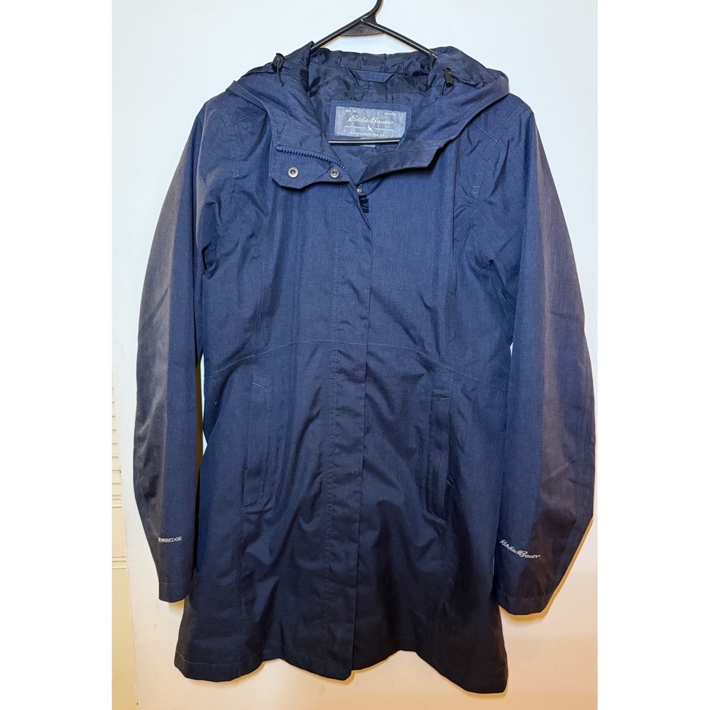 Eddie Bauer Weatheredge Rain Coat Hooded Blue Gray Women's M Zipper & Snap Close